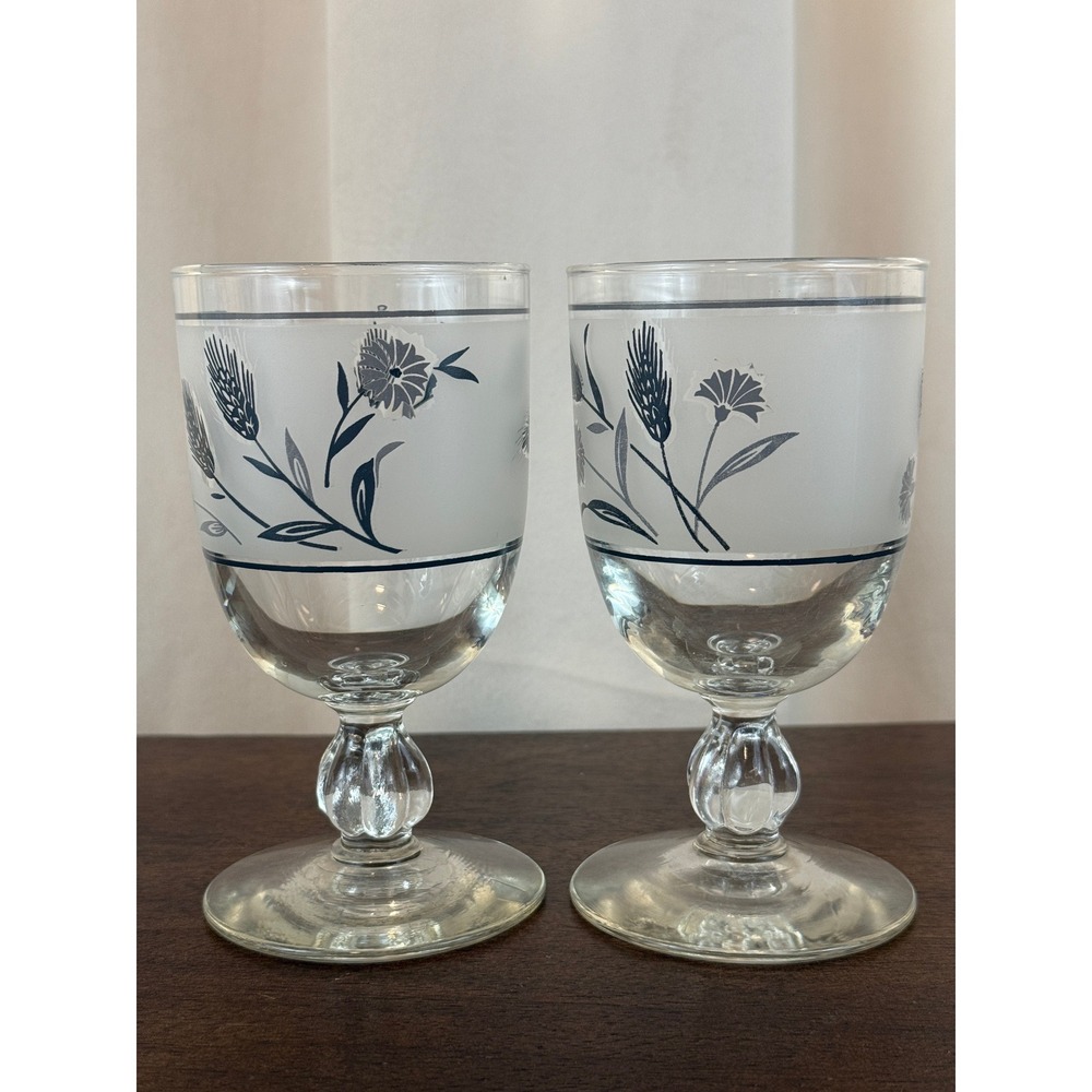 VTG PAIR (2) Libbey Silver Wheat Frosted Water Glasses Goblets Barware 5.5" Tall